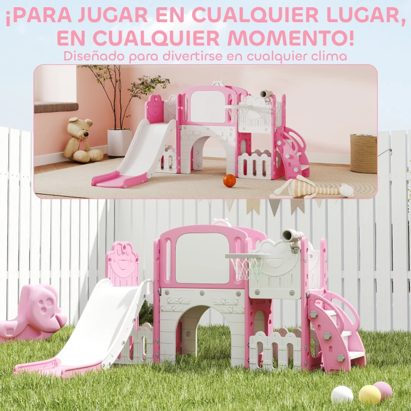 AIYAPLAY Tobogán Infantil 7 en 1 Temática de Rana con Aro de Baloncesto Túnel Pizarra Telescopio Escalador y Cajas Rosa