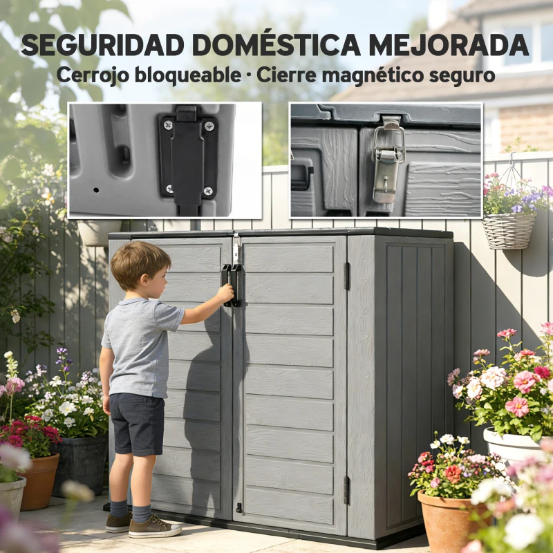 Outsunny Cobertizo de Jardín de HDPE 940L con Tapa Abatible 2 Puertas Cerradura Cobertizo de Jardín 142x67x119 cm Gris Claro