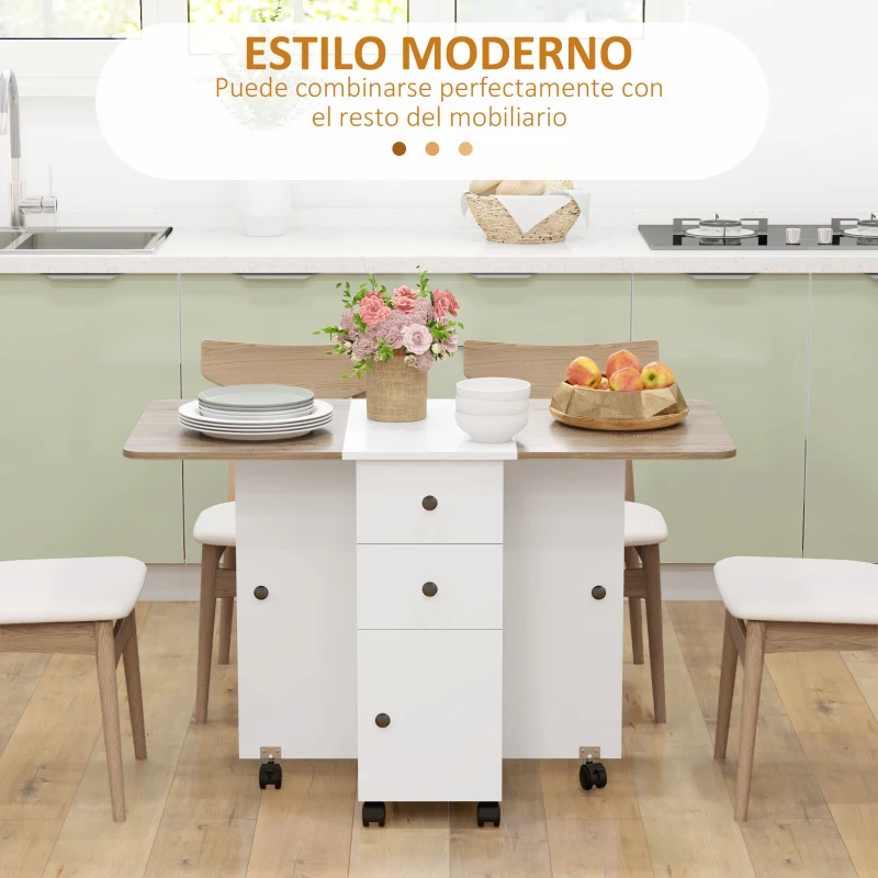 HOMCOM Mesa Plegable de Comedor con Ruedas Alas Abatibles 2 Cajones y Armario Hasta 6 Personas 120x60x76,5 cm Blanco y Natural
