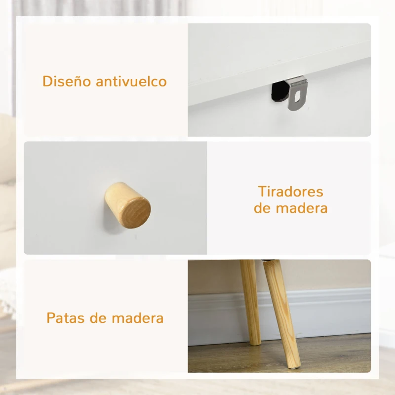 HOMCOM Cómoda con 3 Cajones Cajonera de Dormitorio con Patas de Madera de Pino para Salón Oficina Habitación 80x30x80 cm Blanco