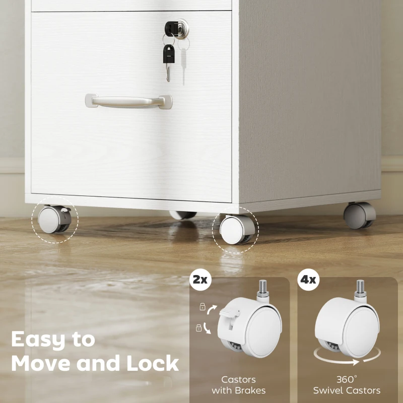 HOMCOM Caisson de Bureau Mobile avec 3 Tiroirs Verrouillables, Caisson de Rangement sur Roulettes, 40 x 40 x 69,5 cm, Blanc