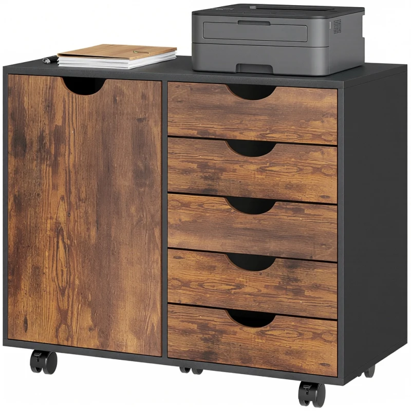 HOMCOM Meuble de rangement pour bureau 5 tiroirs 1 porte étagère réglable, support imprimante roulettes, 78x40x66,5 cm, marron