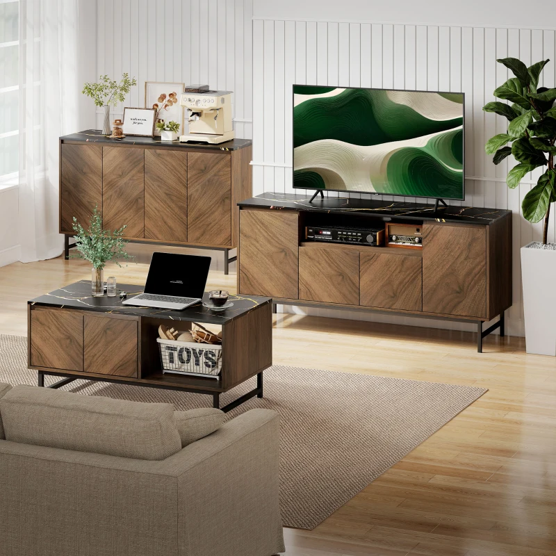 HOMCOM Móvel para TV até 165,1 cm em madeira com compartimento aberto e passa-cabos, efeito mármore, 140x39x66cm, nogueira