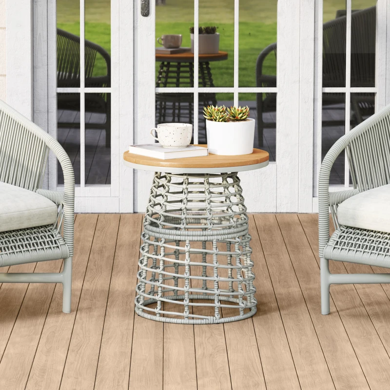 Outsunny Mesa de centro para jardim mesa auxiliar exterior redonda em resina com efeito rattan aço e tampo composto Ø45 x 50 cm cinza