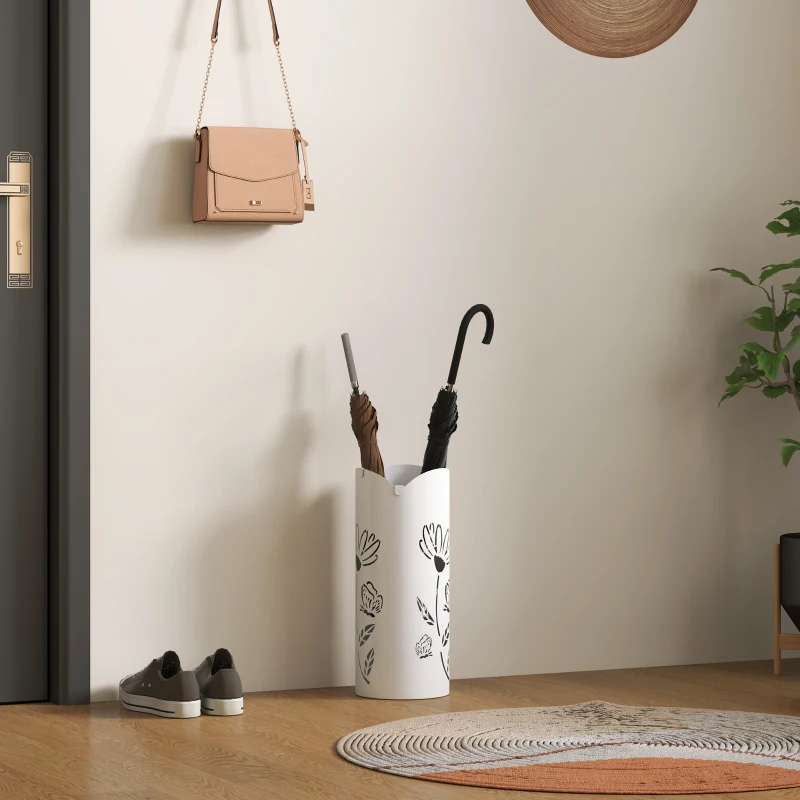 HOMCOM Paragüero de Acero con 4 Ganchos y Bandeja de Goteo Extraíble y Diseño Decorativo 17x17x41 cm Blanco