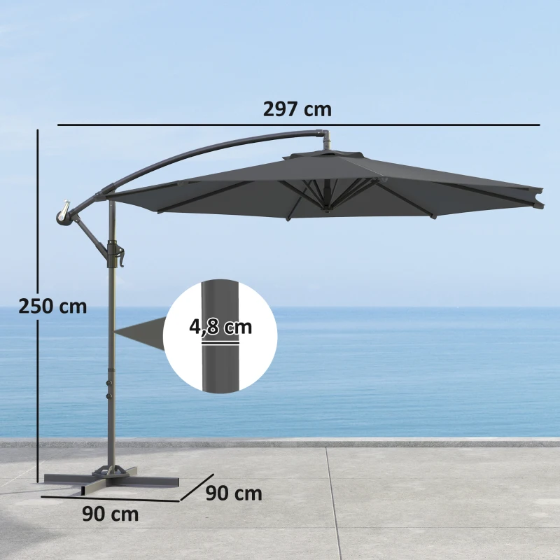 Outsunny Guarda-sol lateral octogonal rebatível diâmetro 3 m guarda-sol de jardim com base em cruz cinza escuro