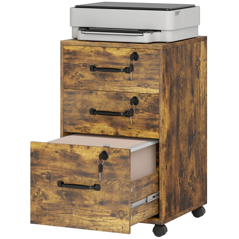 HOMCOM Gaveteiro Móvel para Escritório com 3 Gavetas Trancáveis, Gaveteiro com Rodízios, 40 x 40 x 69,5 cm, Marrom
