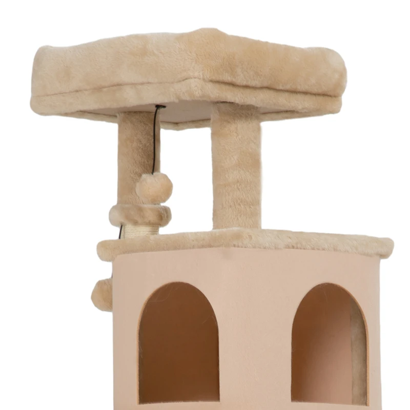 PawHut Arbre à Chat, Tour de Jeux, Hauteur de 104 cm, avec Lit, Maison, Brosse de Toilettage, 44l x 34P x 104H cm, Beige