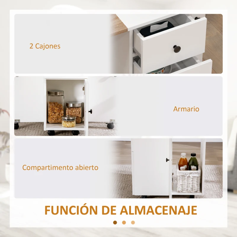 HOMCOM Mesa Plegable de Comedor con Ruedas Alas Abatibles 2 Cajones y Armario Hasta 6 Personas 120x60x76,5 cm Blanco y Natural