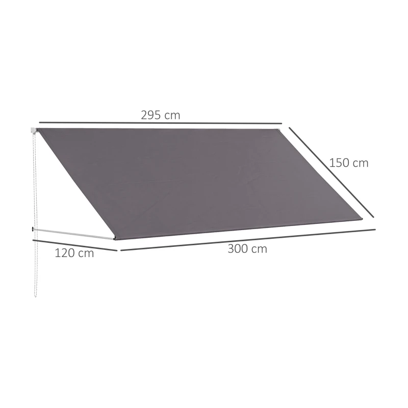 Outsunny Toldo retrátil manual com inclinação ajustável 300 x 120 cm proteção UV alumínio poliéster cinza escuro