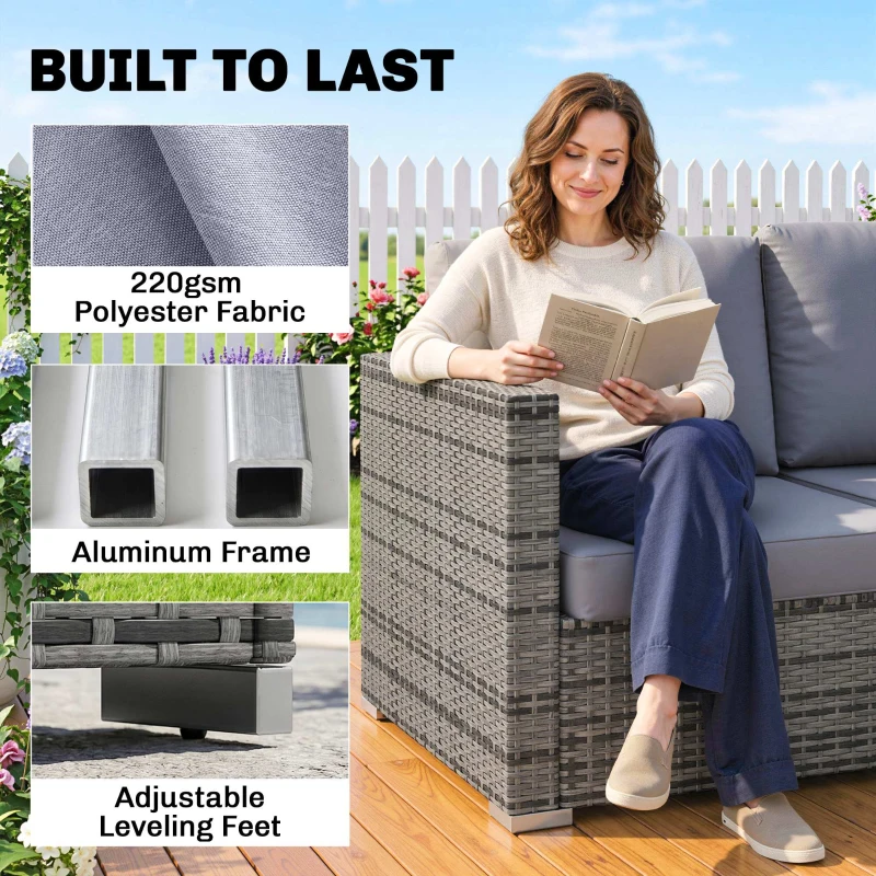 Outsunny 4 Pieces Rattan Garden Furniture Set, Wicker Outdoor Furniture Set with Corner Sofa Loveseat Coffee Table Cushions, Conservatory Furniture Set for Patio Balcony Poolside, Grey