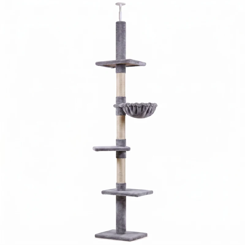 PawHut Arbre chat du sol au plafond poteau à griffer L40 x l 34 x H 230-260 cm 5 niveaux d'activités gris