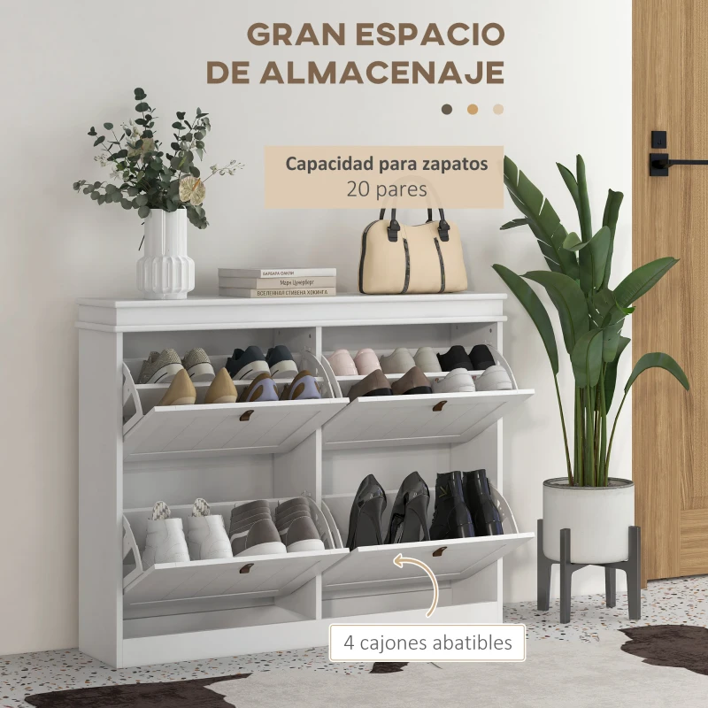 HOMCOM Zapatero Estrecho con 4 Puertas Abatibles y Estantes Ajustables para 20 Pares de Zapatos con Antivuelco 105x24x82,5 cm