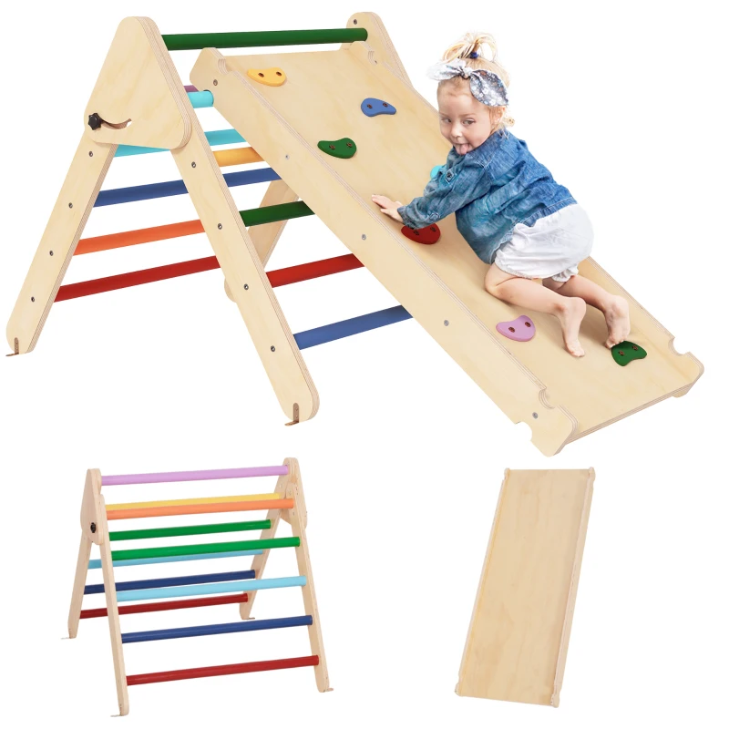 AIYAPLAY Toddler Climbing Frame for Kids with Ramp, 3 in 1 Wooden Pikler Triangle Set for 18-48 Months, Multicolour