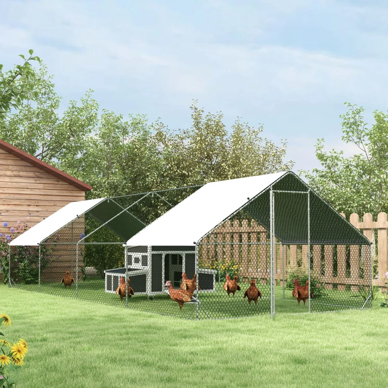 PawHut Enclos poulailler chenil volière extérieur 24 m² - Parc grillagé dim. 3L x 8l x 2H m - Espace Couvert - Acier galvanisé