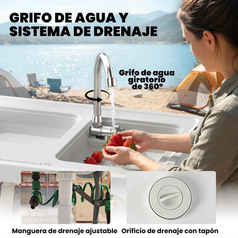 Outsunny Mesa Plegable Camping con 2 Fregaderos Grifo Manguera Estante Lateral Cajón Cesta Rejilla Regla y Ranuras Blanco