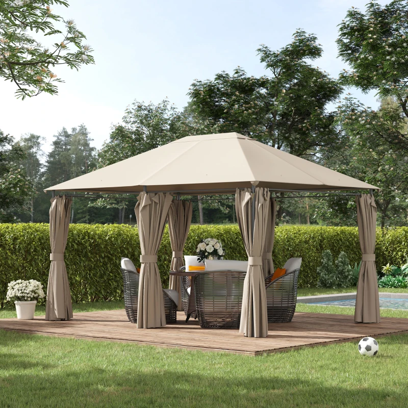 Outsunny Tonnelle de jardin barnum pavillon style colonial double-toit toiles latérales amovibles 4L x 3l x 2,72H m kaki