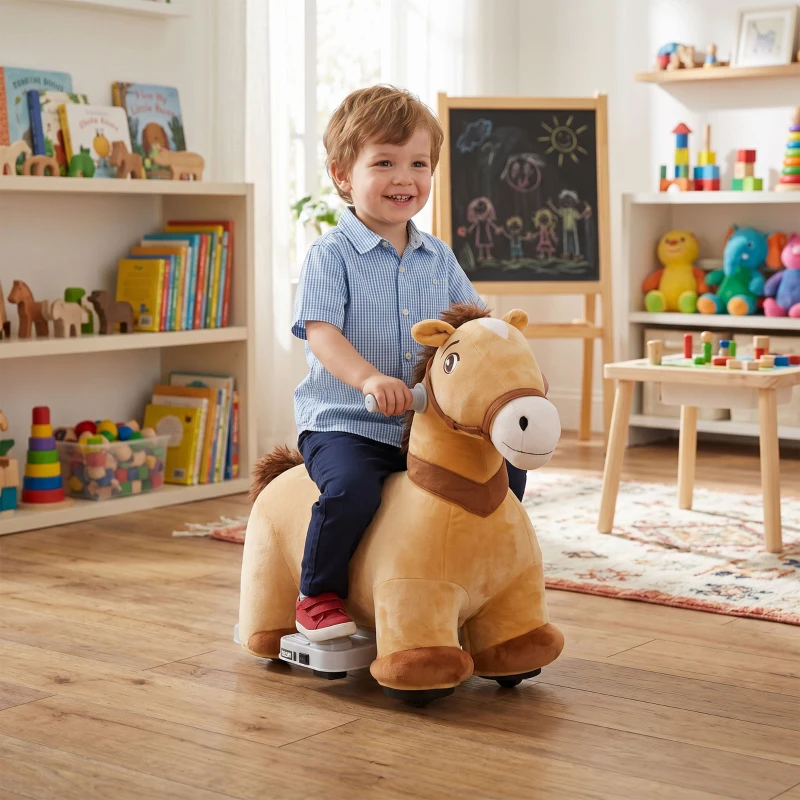 AIYAPLAY Porteur cheval électrique voiture électrique en animal avec guidon antidérapant pour enfants de 18 à 36 mois marron