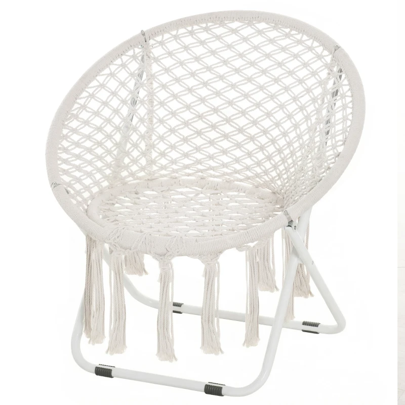 Outsunny Poltrona loveuse redonda de jardim cadeira lua papasan dobrável grande conforto macramé algodão poliéster bege