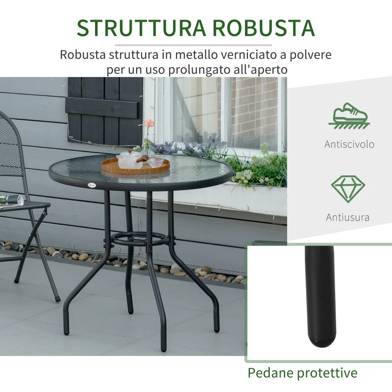 Outsunny Tavolo da Giardino Rotondo con Foro per Ombrellone e Piano in Vetro, in Metallo, Ø80x72 cm, Nero