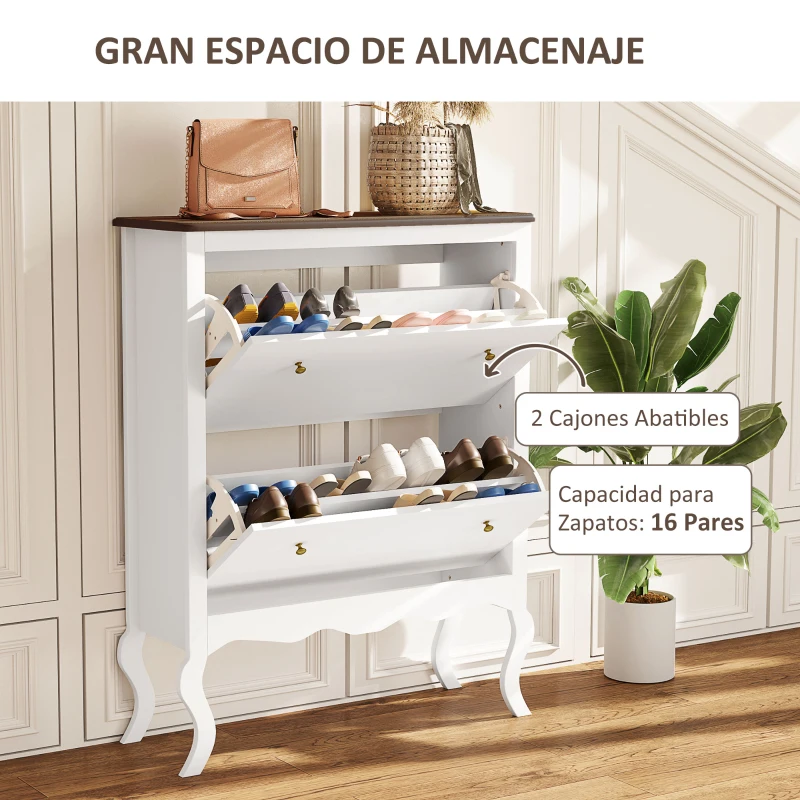 HOMCOM Zapatero Estrecho con 2 Cajones Abatibles Estantes Ajustables para 16 Pares de Zapatos 84x29x109 cm Blanco