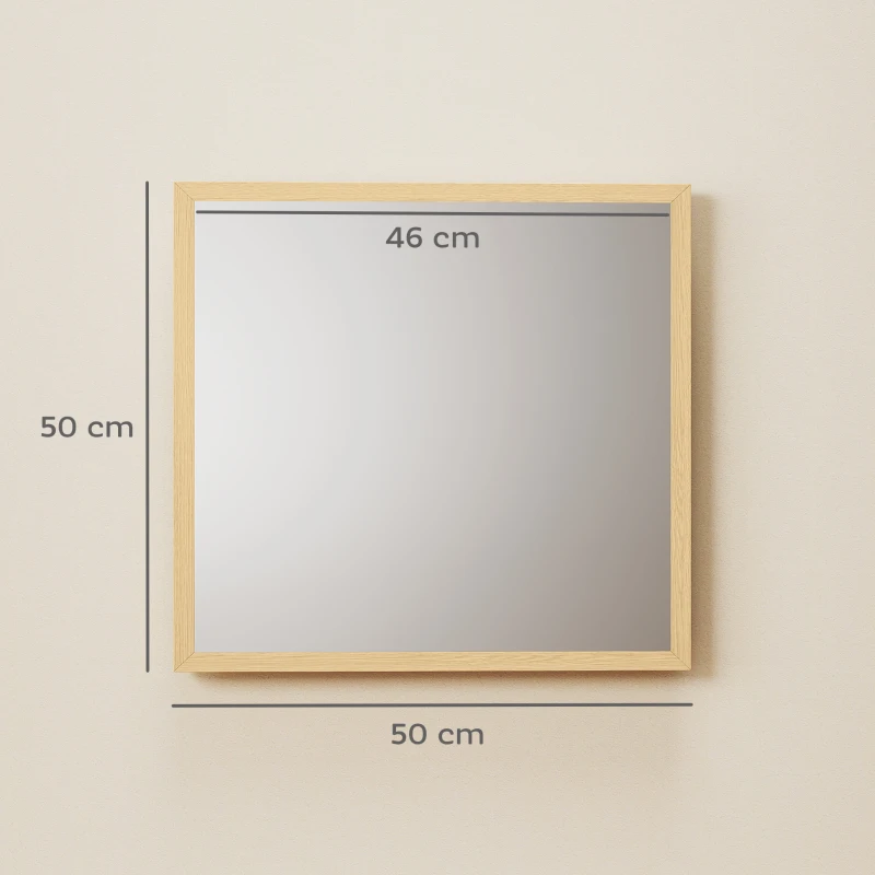 HOMCOM Espelho de parede quadrado 50 x 50 cm, moldura em madeira natural, ideal para casa de banho, sala ou quarto