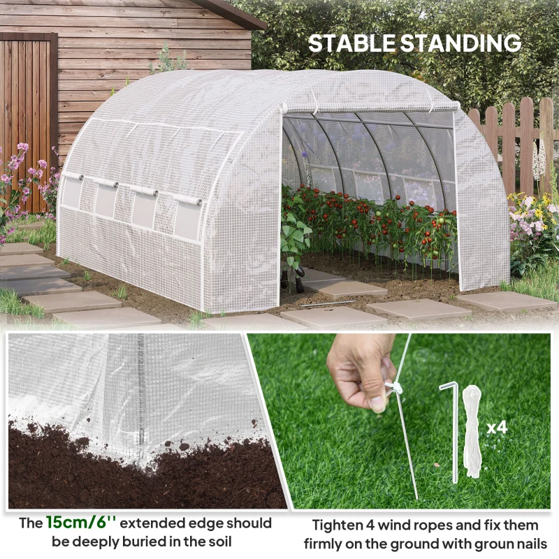 Outsunny 4 x 3 x 2 m Polytunnel Greenhouse w/ Roll-up Side Walls, Steel Frame Walk-in Grow House Tent w/ Zippered Door and 8 Windows and Reinforced Cover for Garden and Backyard, White
