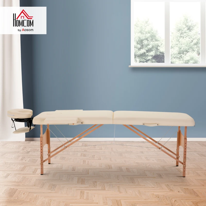 HOMCOM Portable Massage Bed, Foldable Spa Beauty Massage Table with 2 Sections, Carry Bag and Wooden Frame, Cream White