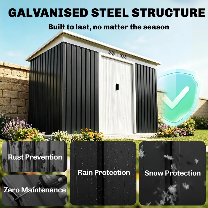 Outsunny 9' x 4' Metal Garden Storage Shed Tool House with Sliding Door Spacious Layout for Backyard, Lawn Dark Gray(m-4)
