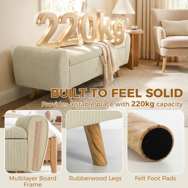 HOMCOM Banc de rangement 73 L, coffre de rangement rembourré en velours côtelé avec accoudoirs et pieds en bois d'hévéa, beige
