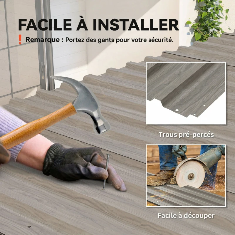 Outsunny Lot de 12 panneaux en acier galvanisé résistant aux intempéries, 129 x 45 cm, effet bois gris clair