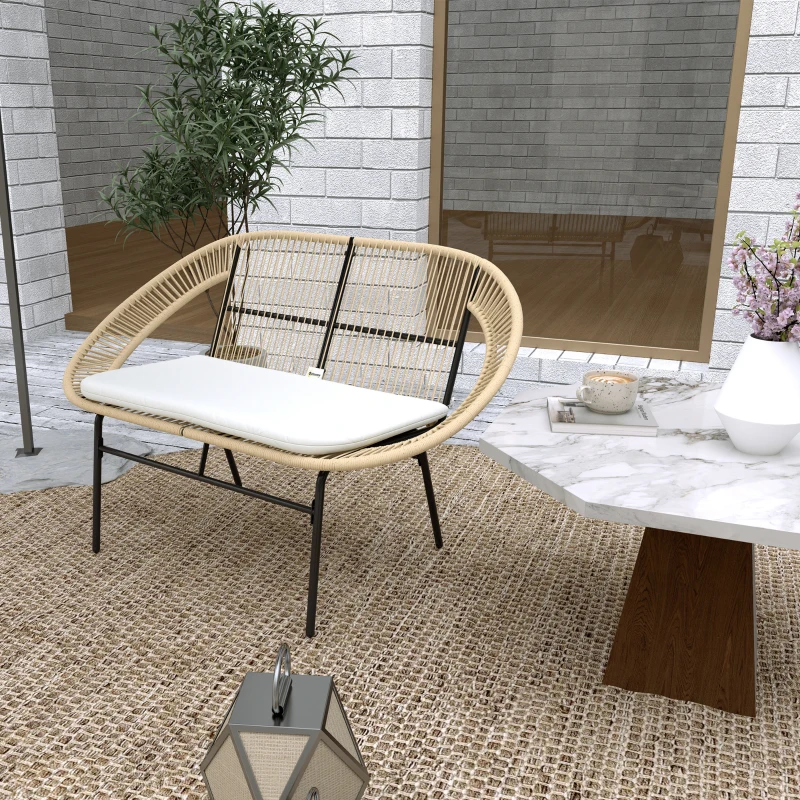 Outsunny Banc de jardin 2 places, banc extérieur jardin en acier, style Acapulco, avec dossier et coussin, 126 x 72 x 83 cm, kaki