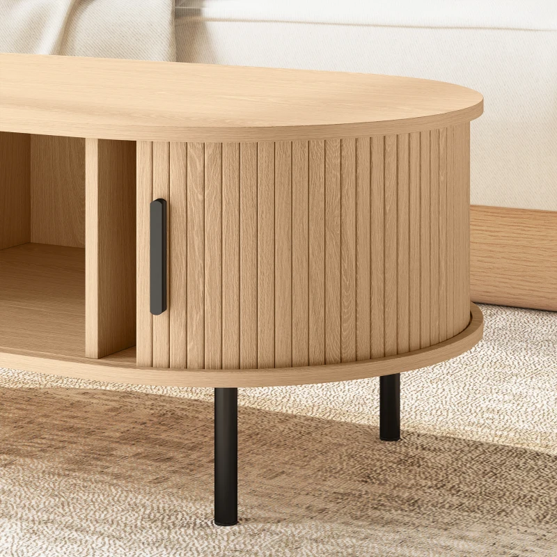 HOMCOM Table basse ovale en bois, table de salon moderne avec portes coulissantes et rangement caché, 100x55x40cm, bois naturel