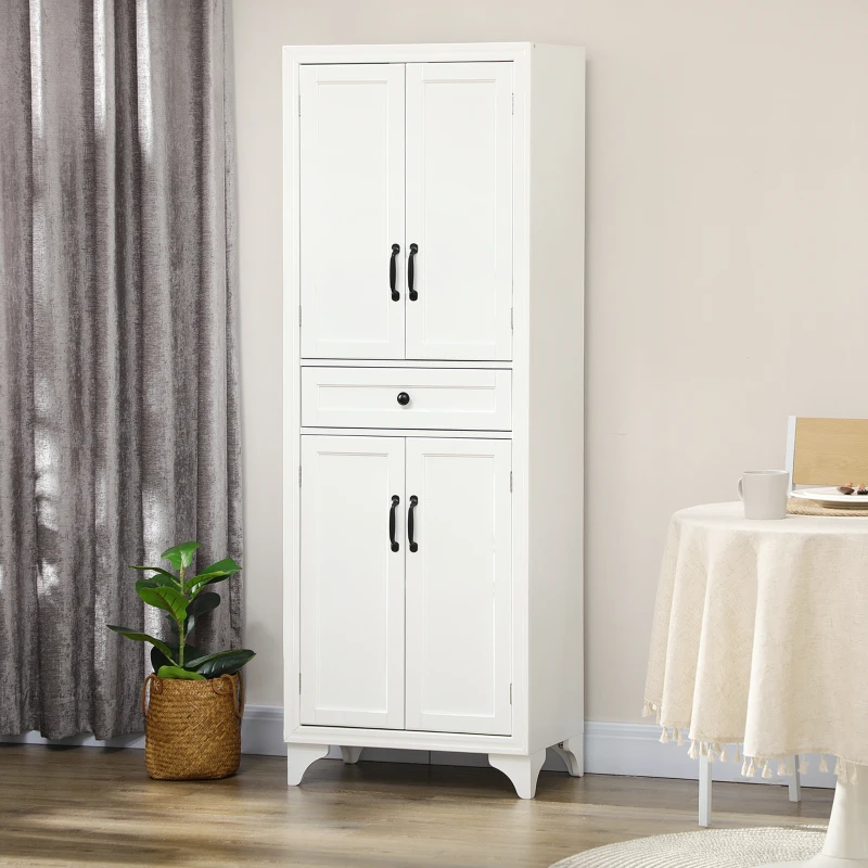 HOMCOM Aparador alto armário de cozinha 4 portas 2 armários e 1 gaveta central altura 170 cm com prateleira ajustável branco