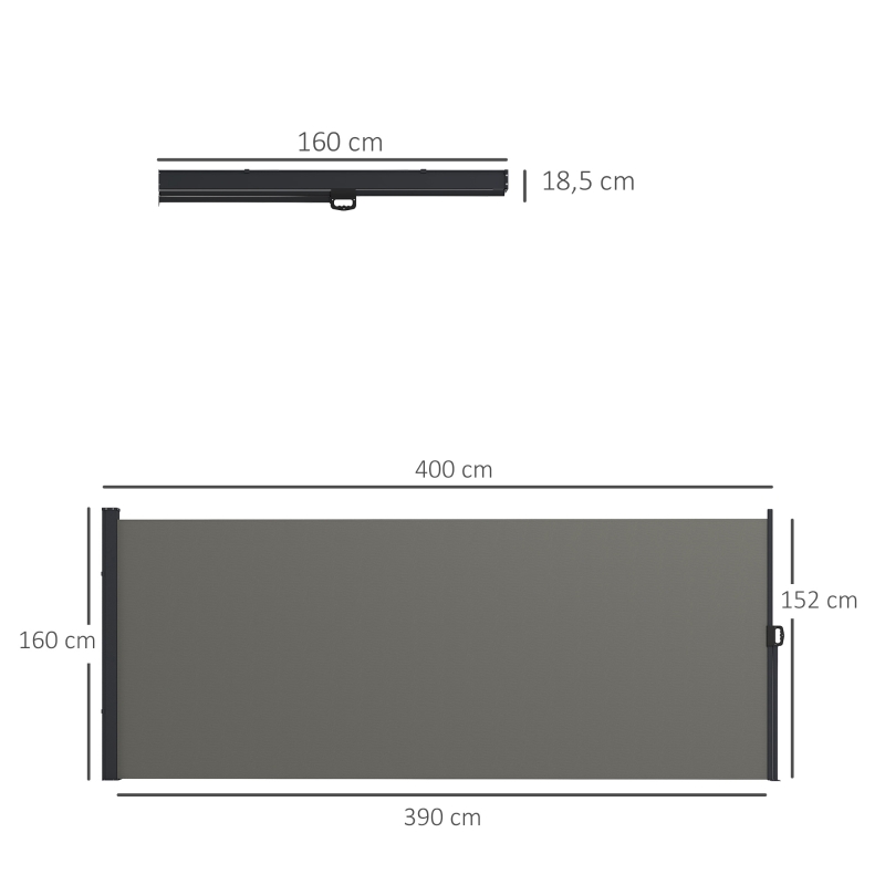 Outsunny Toldo lateral Tela de privacidade biombo retrátil dim. 4L x 1,60H m alum. Poliéster Anti-UV Alta densidade 180 g/m² Cinza escuro