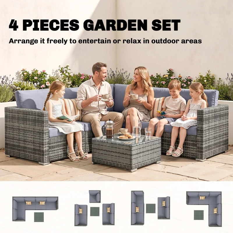 Outsunny 4 Pieces Rattan Garden Furniture Set, Wicker Outdoor Furniture Set with Corner Sofa Loveseat Coffee Table Cushions, Conservatory Furniture Set for Patio Balcony Poolside, Grey