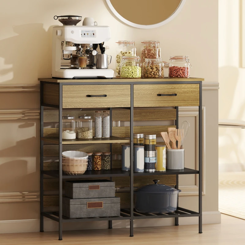 HOMCOM Aparador de cozinha, móvel de arrumação com 2 gavetas e 3 prateleiras abertas, 90 x 40 x 91 cm, madeira natural e preto