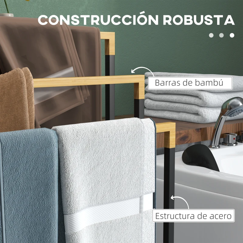 kleankin Toallero de Pie Escalonado con 3 Barras de Bambú y Marco de Acero para Baño Lavadero 45x22,5x86 cm Negro y Natural