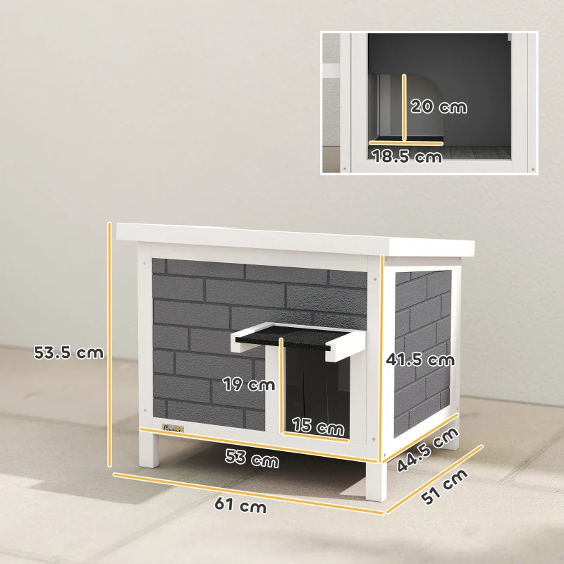 PawHut Căsuță pentru pisici rezistentă la intemperii din lemn cu acoperiș rabatabil, plăci izolante din aluminiu, acoperiș din asfalt, 61x51x53,5 cm