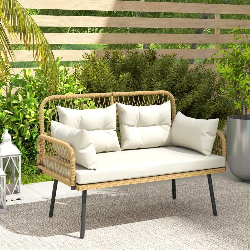 Outsunny Canapé de jardin avec coussins et oreillers 2 places en résine tressée, canapé d'extérieur avec accoudoirs bois naturel