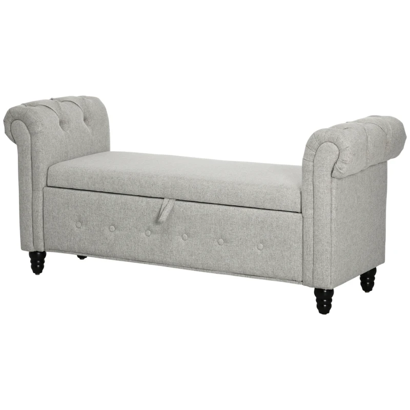 HOMCOM Banco banqueta baú 2 em 1 em tecido com aspecto de linho com pés em madeira 146,5 x 49 x 72 cm cinza