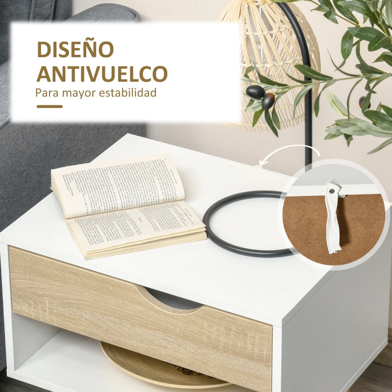 HOMCOM Set de 2 Mesitas de Noche Mesa Auxiliar Mesillas de Noche con Cajón y Estante de Almacenamiento para Dormitorio Salón Cama Oficina Estilo Moderno 50x39x51 cm Blanco y Roble