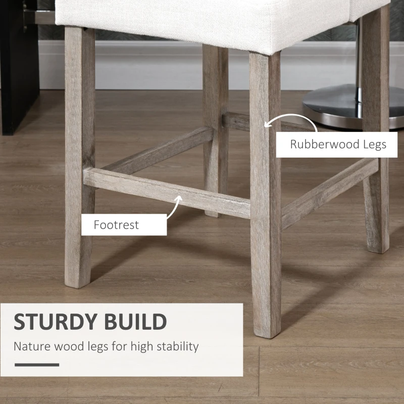 HOMCOM Set of 2 Bar Stools with Button Tufting, Solid Wood, incl. Footrest, 47 cm x 50 cm x 101 cm, Gray + Natural