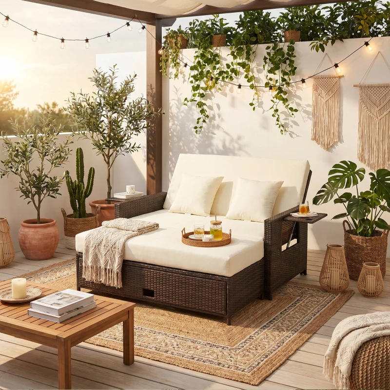 Outsunny Rattan Sun Lounger 2 Seater Day Bed with Cushions, Brown
