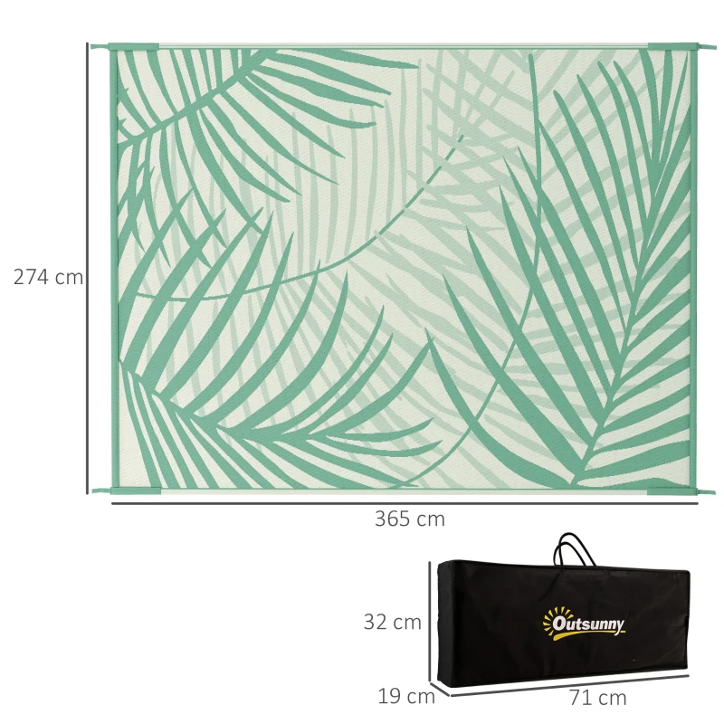 Outsunny Tapete de jardim exterior reversível 365L x 274l cm impermeável com padrão de folhagem e saco de transporte, verde creme
