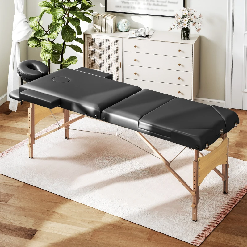 HOMCOM Camilla Masaje Plegable de Madera de 3 Zonas con Altura Ajustable Reposacabezas Reposabrazos 215x60x62-89 cm Negro