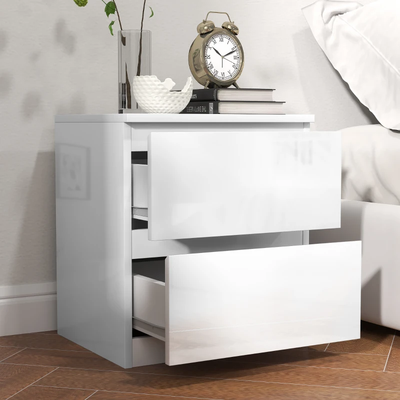 HOMCOM Mesilla de Noche con 2 Cajones Mesa de Noche para Dormitorio Salón 40x34x45 cm Blanco Brillo