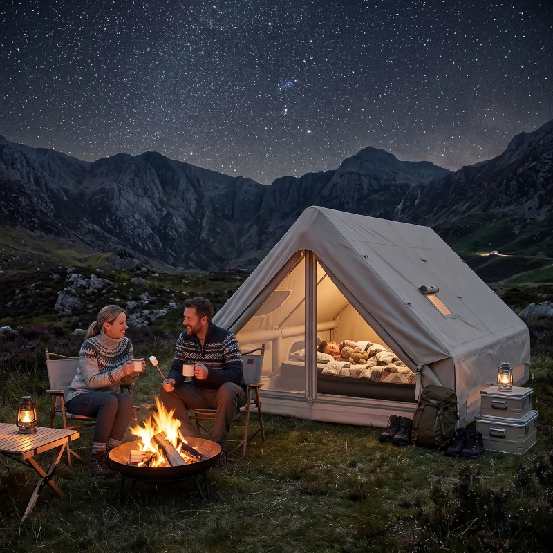 Outsunny Inflatable Camping Tent, 4 Season Hot Tent 10000mm Waterproof with Chimney Opening, Sky Light and Air Pump, Khaki