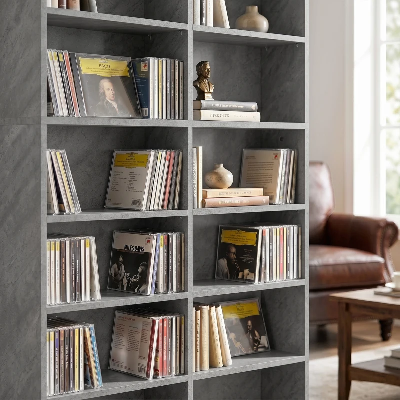 HOMCOM Rangements pour CD et DVD 18 compartiments capacité max. 640 CD/360 DVD 430 Blu-ray 78,5 x 24 x 175 cm gris clair