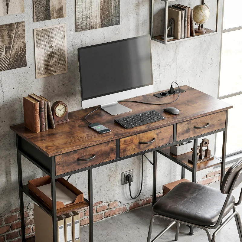 HOMCOM Bureau avec rangement avec prises de courant, 3 tiroirs en tissu et 4 étagères de rangement, 120 x 40 x 76 cm, marron
